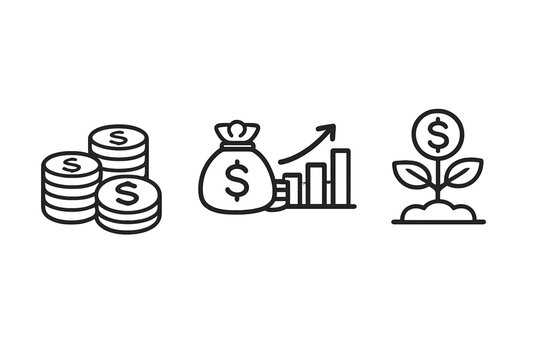 Financial growth icons: coins, money bag with chart, and money tree