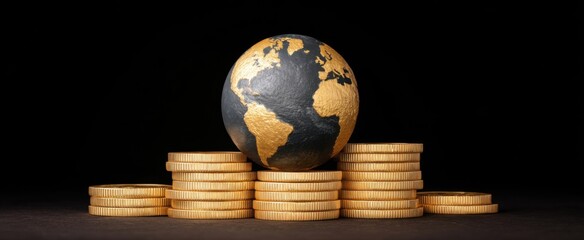 globe perched on piles of gold coins representing worldwide economy and riches