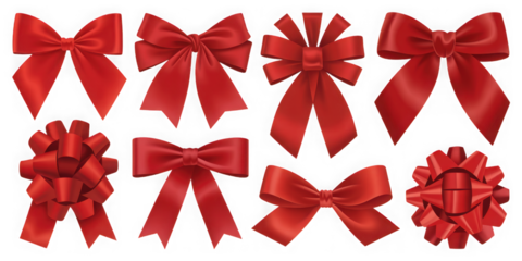 A collection of festive red bows with varying designs for gift wrapping and holiday decorations isolated on transparent background