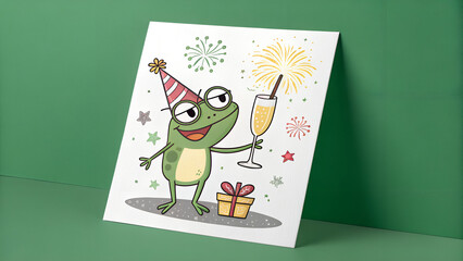 Happy new Year, new year's eve, new years eve, party, celebration, new year card, funny animals greeting card with text - frog with sparkler, champagne glass and party hat, isolated green background
