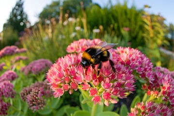 Bee landing on pink flower in garden closeup