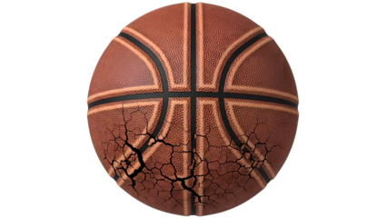 Cracked brown basketball with black lines and texture isolated on a transparent background sport