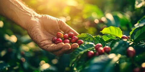 Farmer holding fresh red coffee beans during harvest