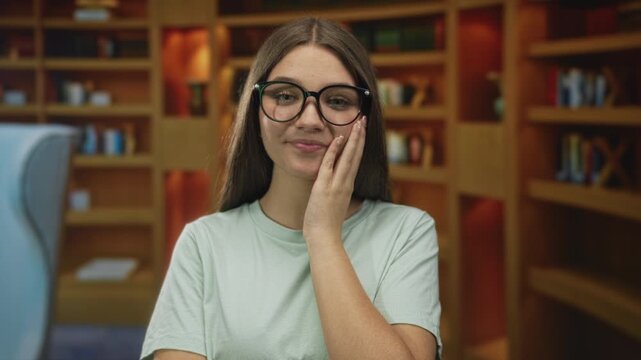 Caucasian teenager girl with glasses touches cheek by bookshelves in building; study concentration contemplation.