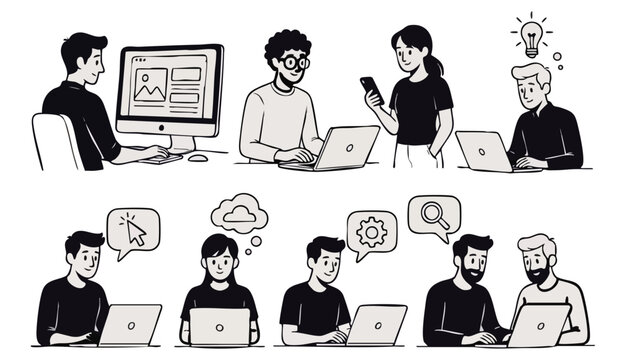 Design and development concept illustrations. Set of people vector illustrations in various activities of graphic and web design and development, social media, creative process, app development