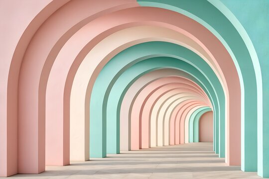Abstract arches background in pastel mint, pink, and cream tones with smooth shadows, elegant modern visual for branding projects