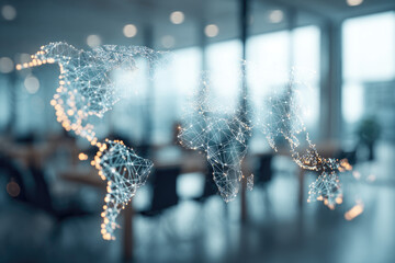 Multi exposure of abstract graphic world map hologram on a modern furnished office interior background, connection and communication concept