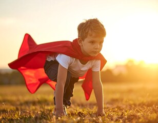Young boy in a red cape crouches in a field at sunset