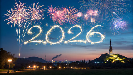happy new year, new year's eve, silvester, new years eve, sparklers celebration greeting card, new year card - Year 2026 in sparkler font and firework fireworks pyrotechnic, blue night sky background