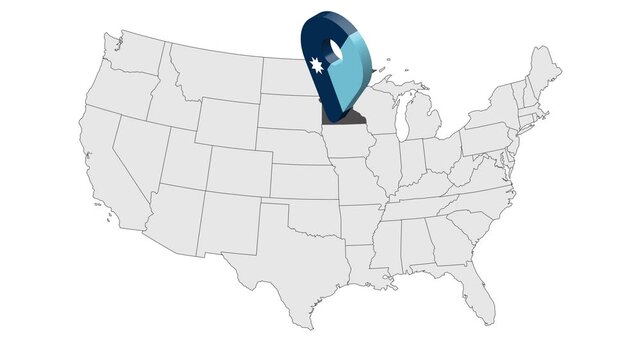 Location State of Minnesota on map USA. 3d State Minnesota new flag map marker location pin. Map of United States of America showing different states. Animated map States of USA. 4K. Animated Video 