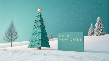Frohe Weihnachten Winter Konzept, Weihnachtskarte, Gru&szlig;karte, Karte mit deutschem Text - Abstrakter Weihnachtsbaum, Tannenbaum oder Christbaum, isoliert auf t&uuml;rkisem Hintergrund