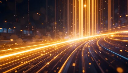 Futuristic 4K Animation Of Golden Vertical Lines With Neon Light Effects Looping Digital Wallpaper Background