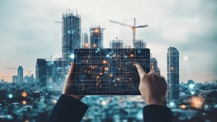 Hands hold digital tablet projecting a smart city vision over urban construction site - Powered by Adobe