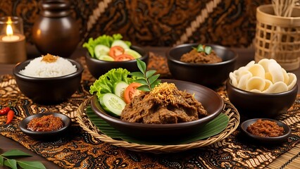 A traditional Indonesian dish of slow-cooked spiced beef, served with rice, crackers, and chili paste, set against a patterned textile background with a candle