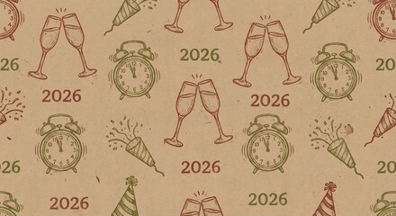 New years eve 2026 festive pattern with clocks, champagne glasses and party horns on brown background
