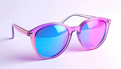 Sunglasses with colorful lenses sit against a soft, gradient background