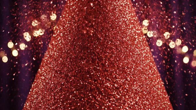 Red Glitter Cone with Bokeh Lights - A close-up of a cone shaped object covered in red glitter, set against a soft purple backdrop.
