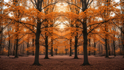Fototapeta premium Vibrant autumn forest with golden leaves and sunlight filtering through trees