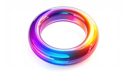 Vivid, glossy, iridescent ring on a white backdrop, casting a slight shadow