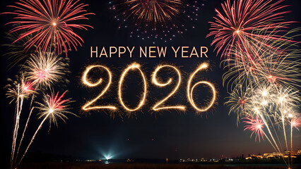 happy new year, new year's eve, silvester, new years eve, celebration greeting card, new year card - Year 2026 in sparkler font and firework fireworks pyrotechnic, isolated black night sky background