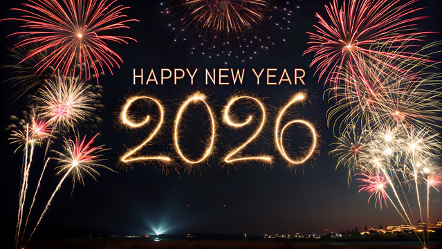 happy new year, new year's eve, silvester, new years eve, celebration greeting card, new year card - Year 2026 in sparkler font and firework fireworks pyrotechnic, isolated black night sky background