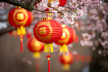 Obraz premium Lunar New Year Celebration: Red lanterns with golden accents adorn a blooming cherry tree, embodying the spirit of festivity, prosperity, and the fresh start of a new lunar cycle. 