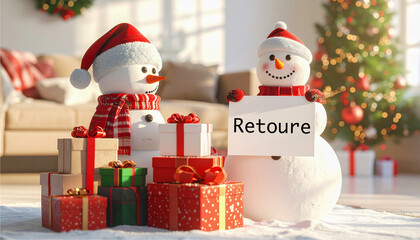 snowman with gifts holding an sign text Retoure