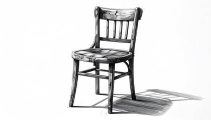 A detailed pencil sketch depicts an old wooden chair, casting a long shadow