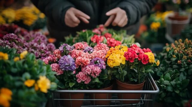 Hands in dark jacket arranging colorful potted primrose flowers in a metal cart