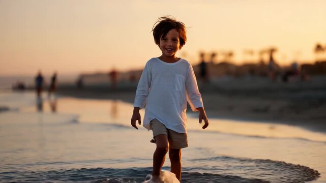Joyful Child Walking and Running on Beach During Sunset at Golden Hour