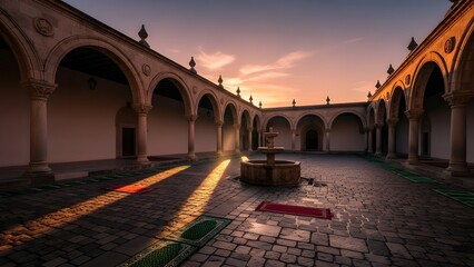 Celebrating World Religion Day in a serene monastery courtyard at dusk with arches, tranquility, and spirituality