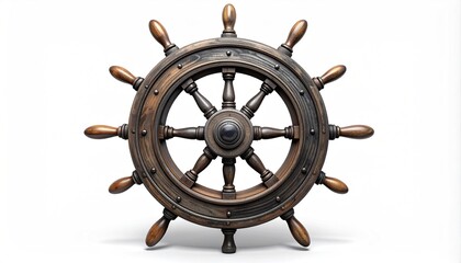 A detailed, wooden ship's wheel against a clean, white background