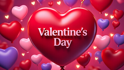 A vibrant display of heart-shaped balloons celebrating valentine's day in red, pink, and purple tones.