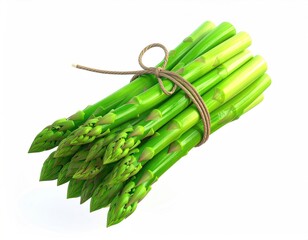 Fresh bundle of green asparagus tied with twine, on a white background
