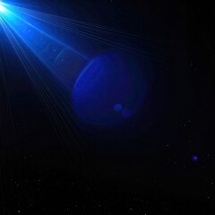 Bright blue light beams emanating from upper left corner with a dark background