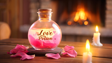 A magical love potion bottle surrounded by candlelight and rose petals on a wooden table