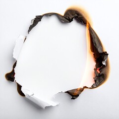A hole burned through white paper, edge flames