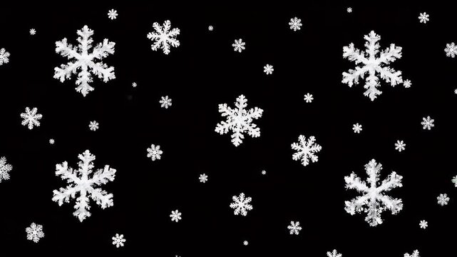 Falling Snowflakes on Black Background - A collection of detailed white snowflakes gracefully falling against a solid black background.