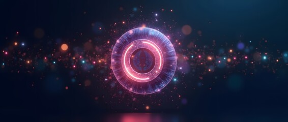 Futuristic abstract background with a glowing neon circular digital portal and glittering light particles in a dark, cosmic atmosphere.