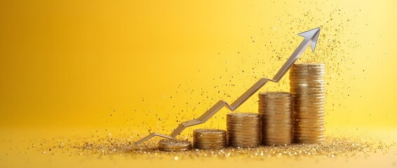 Upward trend in financial success symbolized by stacked gold coins with glittering metallic growth arrow on a vibrant gold background.