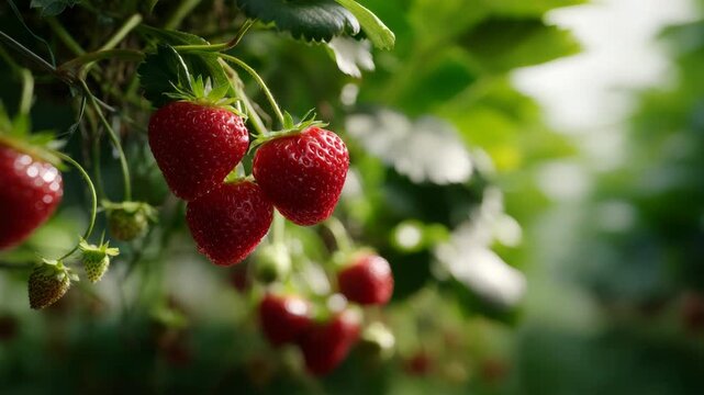 Juicy red strawberries ripening on lush green plant in sunlight