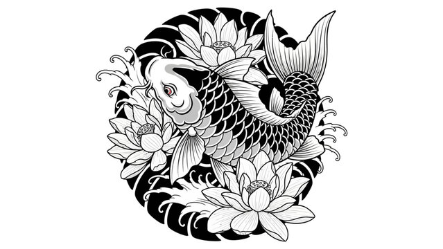 Koi fish tattoo vector with lotus flower, Japanese style tattoo illustration