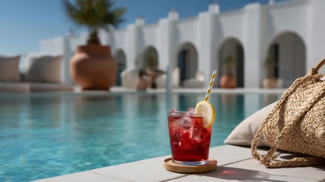 Refreshing summer poolside scene with vibrant cocktail and relaxing ambiance