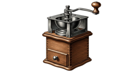 Vintage coffee grinder with wooden base and metal top