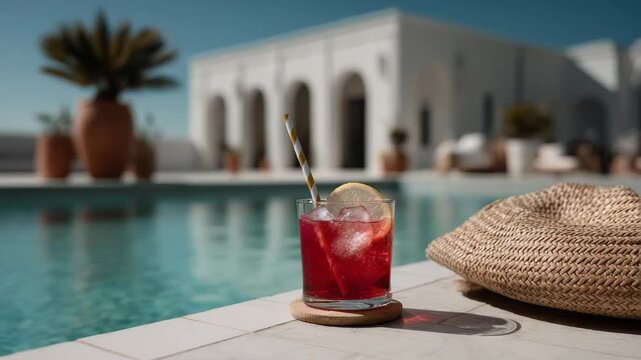 Relaxing poolside view with refreshing red drink and beige towel in sunny outdoor setting