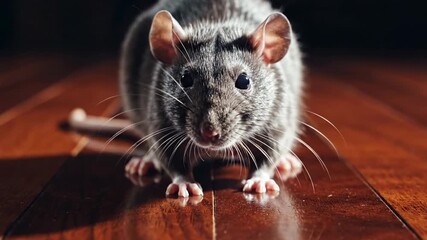 Extremely close-up shot of a determined rat standing in a ready stance on polished wood, reflecting deep focus and intense training discipline training, deep, rodent