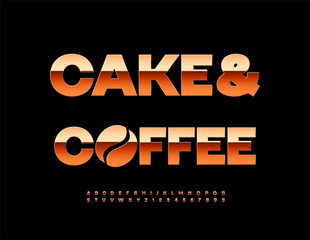Vector Marketing template Cake and Coffee. Exclusive Golden Font. Classic Alphabet Letters and Numbers set.