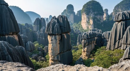 A vista of unusual rock formations, dark gray and light beige. Forests and hills surround