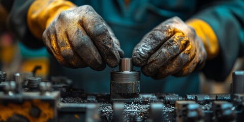 Factory worker assembling mechanical parts using greasy protective gloves