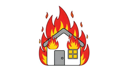 House on fire with flames and a window isolated on a transparent background burning home
